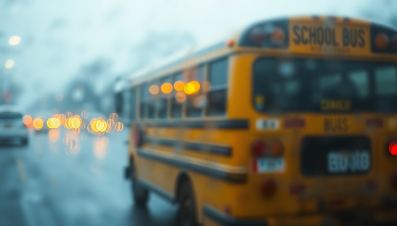 An abstract, impressionistic photograph of a blurred school bus in soft, warm lighting, conveying the emotional challenge of a costly state mandate.