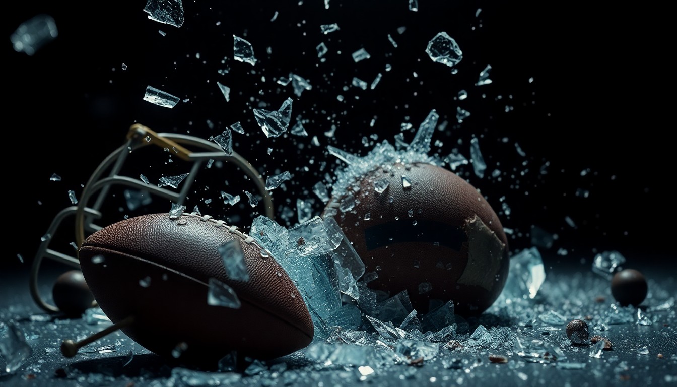 An abstract close-up image featuring shattered glass and crumpled football equipment, conveying the gritty, high-stakes energy of the 'Thursday' short film through dramatic lighting and texture.