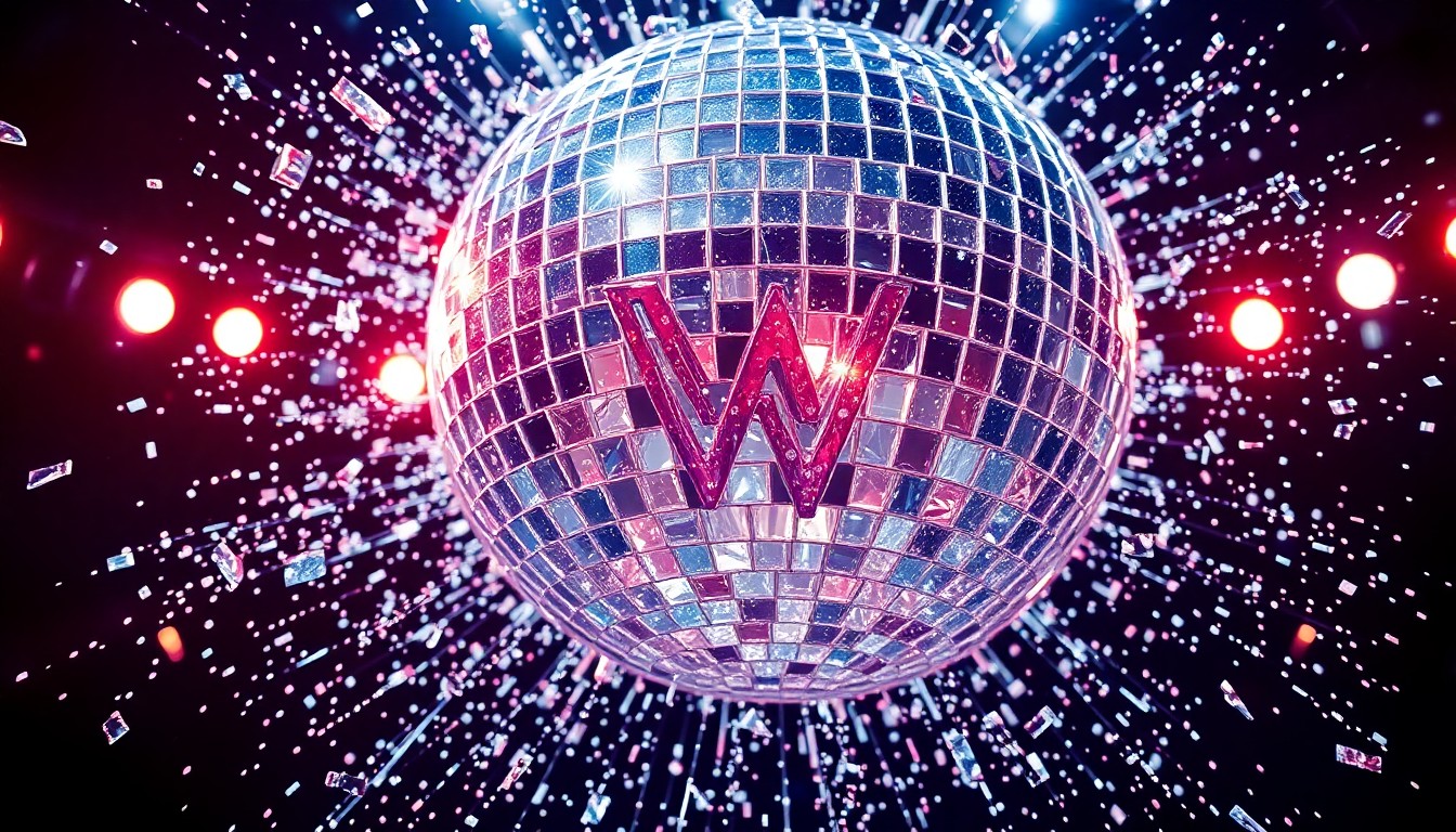 An extreme close-up photograph of shattered, glittering disco ball fragments in dramatic high-contrast studio lighting, conceptually representing the glamour and high stakes of WWE's biggest event.