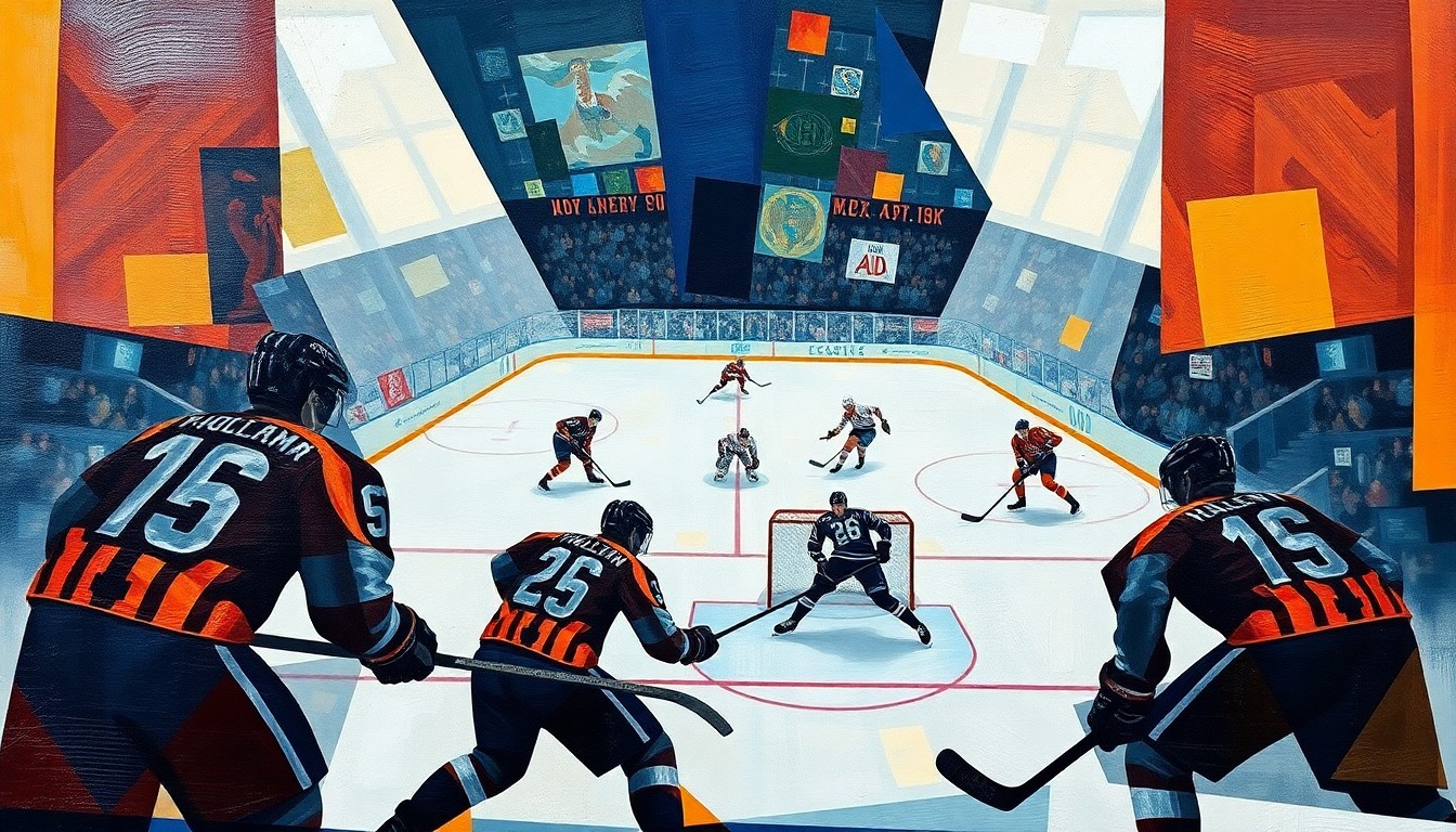A cubist, geometric painting featuring overlapping planes of color and abstracted hockey players, conveying the intensity and drama of the Sabres' playoff push.