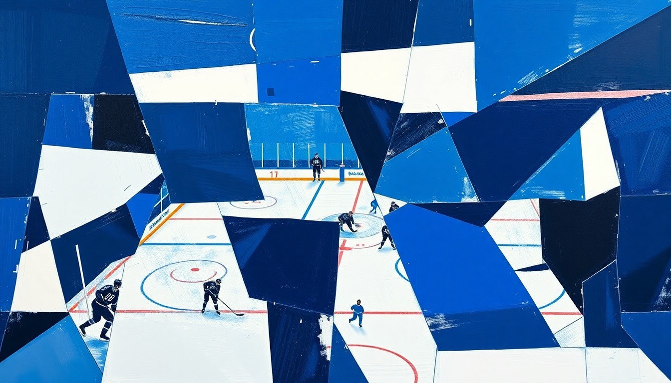 A cubist, geometric painting depicting a hockey game or match, with sharp, overlapping planes of navy blue, royal blue, and white, capturing the dynamic energy and movement of the sport.