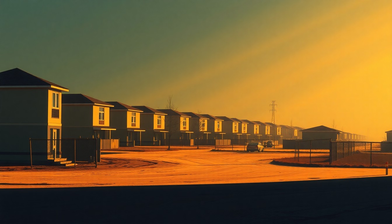 A serene, cinematic painting depicting a residential development site with a lone construction vehicle or equipment, bathed in warm, golden light and deep shadows, conveying a sense of contemplation and transition.