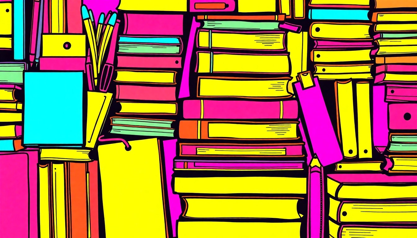 A brightly colored, high-contrast silkscreen print of a stack of textbooks and school supplies in a tight grid pattern, representing the growth of charter schools in Alabama as an educational innovation.