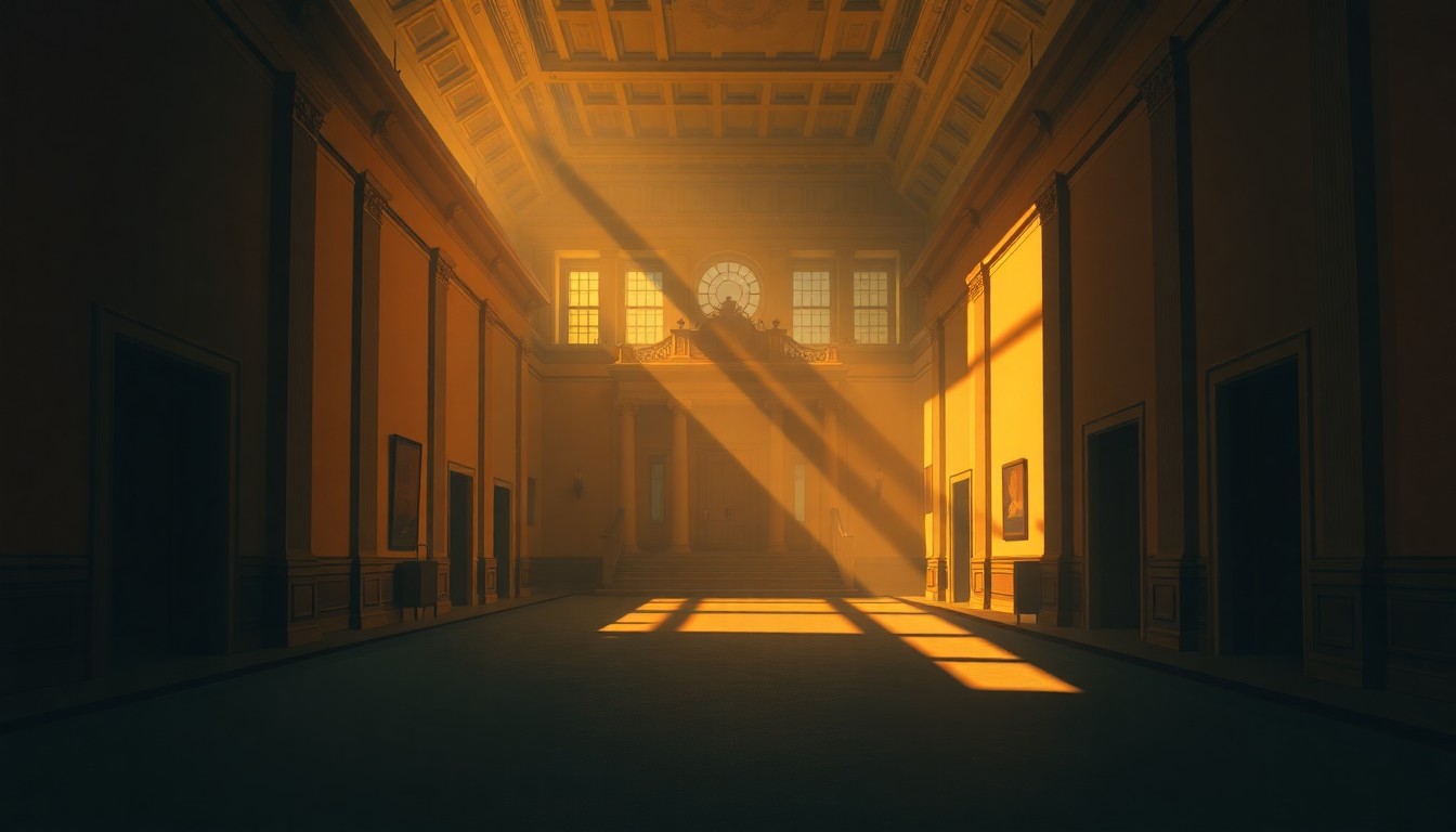 A dimly lit, cinematic painting of an empty government office space with warm sunlight streaming through the windows, creating deep shadows and a sense of solitude, conceptually representing the political divisions and erosion of America's global standing.