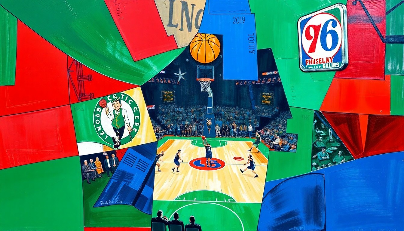 A cubist, geometric painting depicting a basketball game between the Boston Celtics and Philadelphia 76ers, with the players and court broken down into sharp, overlapping shapes and planes of vibrant green, blue, and red colors.