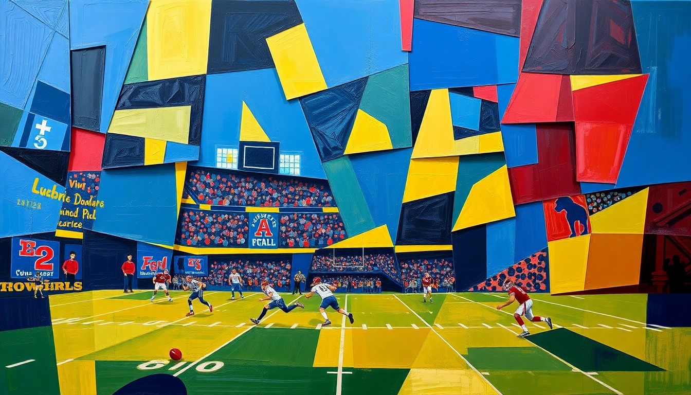 A fragmented, geometric painting depicting a football game, with sharp planes of navy blue, gold, and crimson red overlapping to create a dynamic, abstract composition.