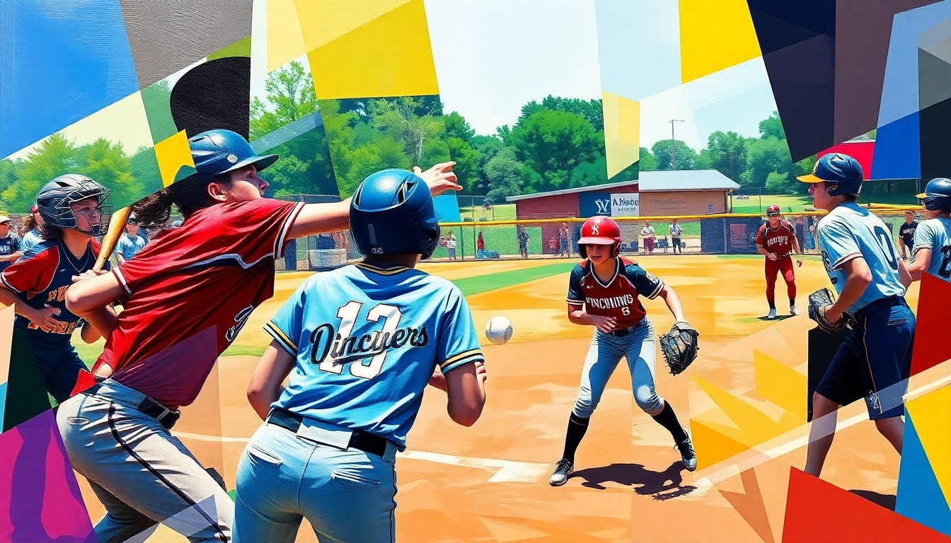 A cubist, geometric painting depicting the dynamic movements and energy of a high school softball game, with the Pinconning Spartans' colors of blue and gold prominently featured.
