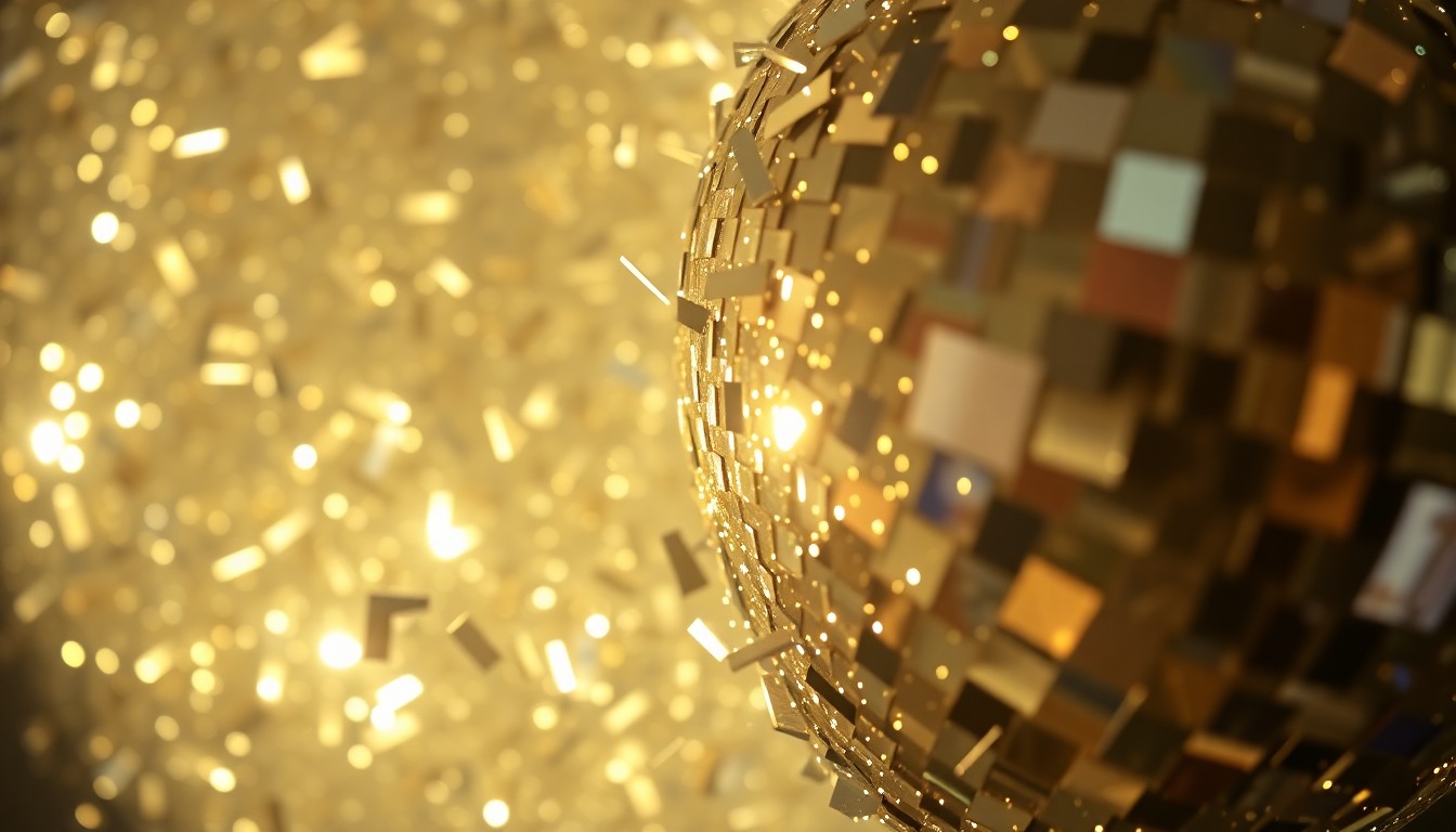 An abstract close-up image of shimmering, reflective disco ball shards captured in dramatic studio lighting, conveying the convergence of entertainment, technology, and politics at the Coachella music festival.