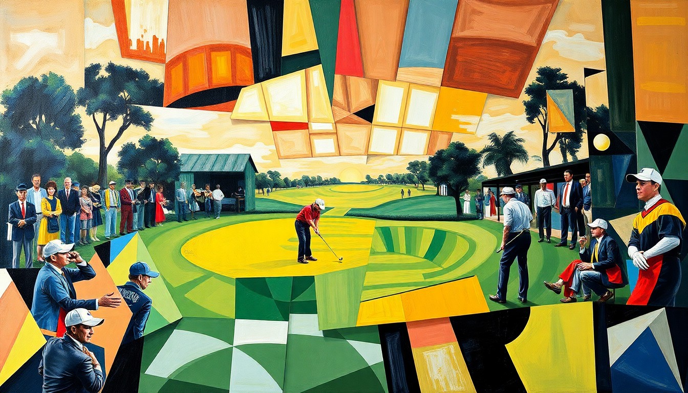 A cubist-style painting depicting the final moments of the Terra Cotta Invitational golf tournament, with overlapping geometric shapes and planes representing the tension and drama of Doyal's winning putt on the 18th hole.