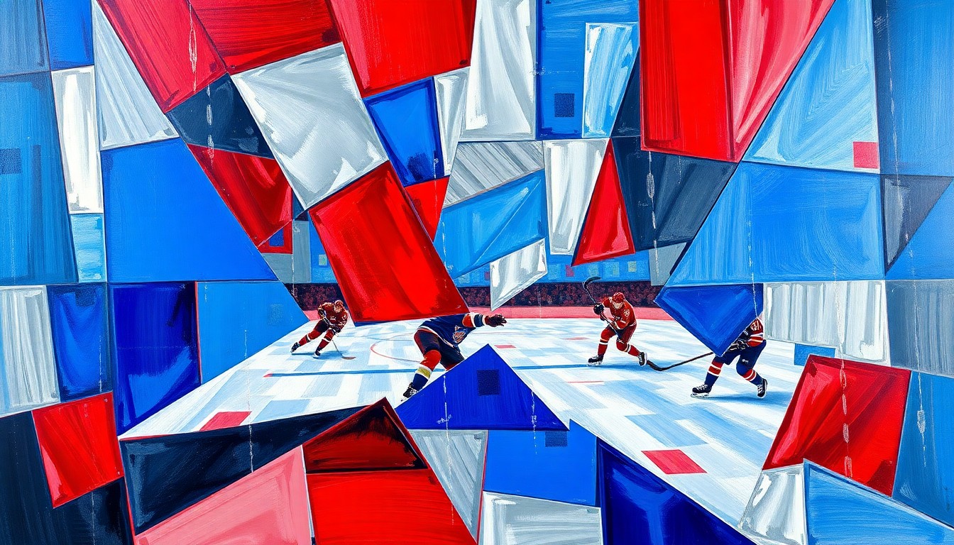 A cubist, geometric painting depicting the dynamic movement and energy of a hockey game, with sharp, overlapping planes of color representing the players and action on the ice.