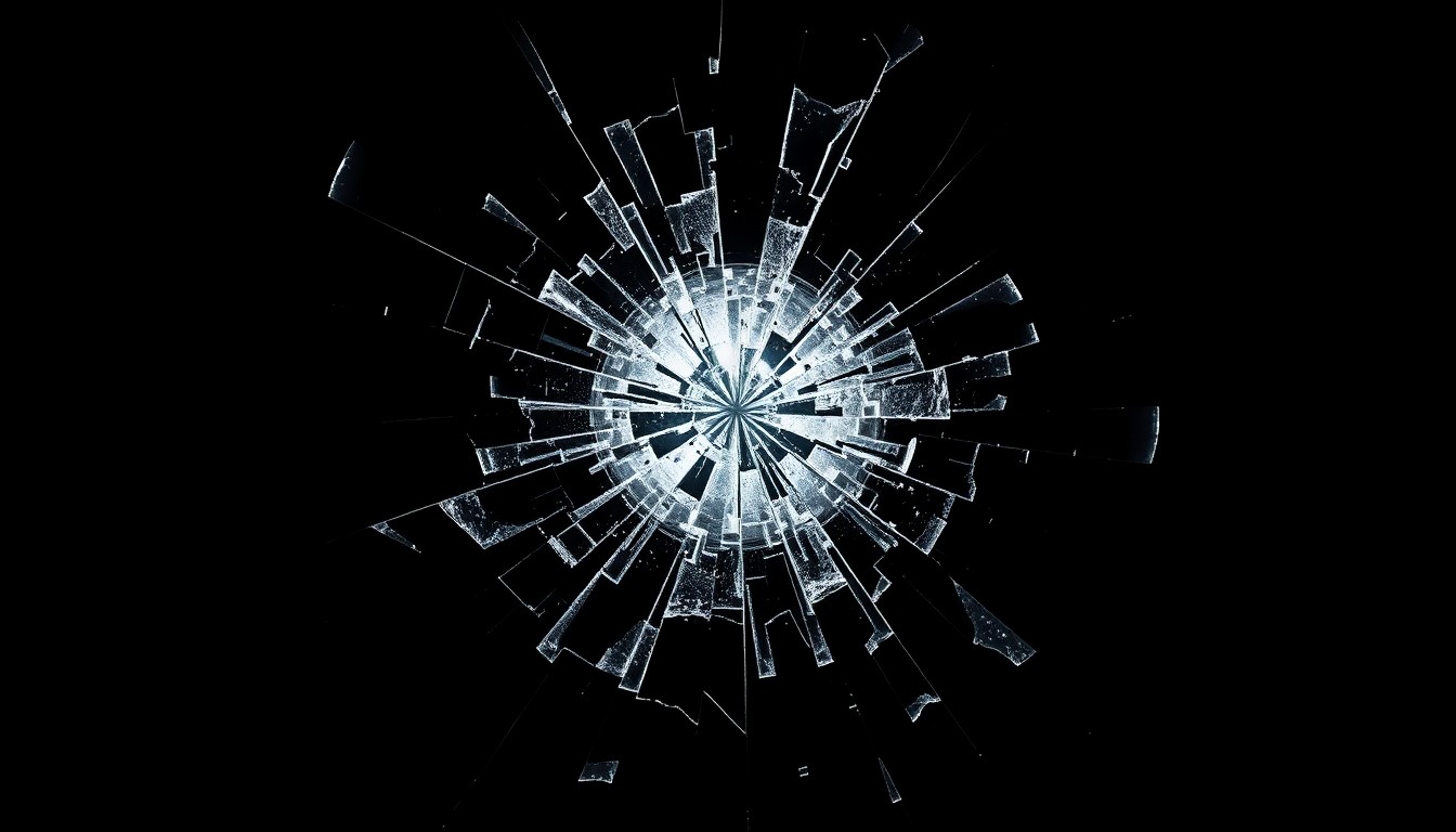 An extreme close-up photograph of shattered glass, the harsh lighting and dark background creating a stark, gritty visual that conceptually represents the aftermath of a violent incident in the community.