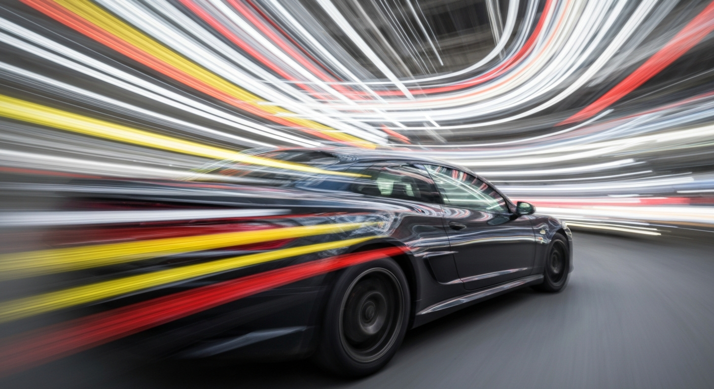 An abstract, colorful image created with a slow-shutter, panning camera technique, depicting a Zeekr 007 vehicle as a series of sweeping, blurred lines and shapes that convey a sense of speed and movement.