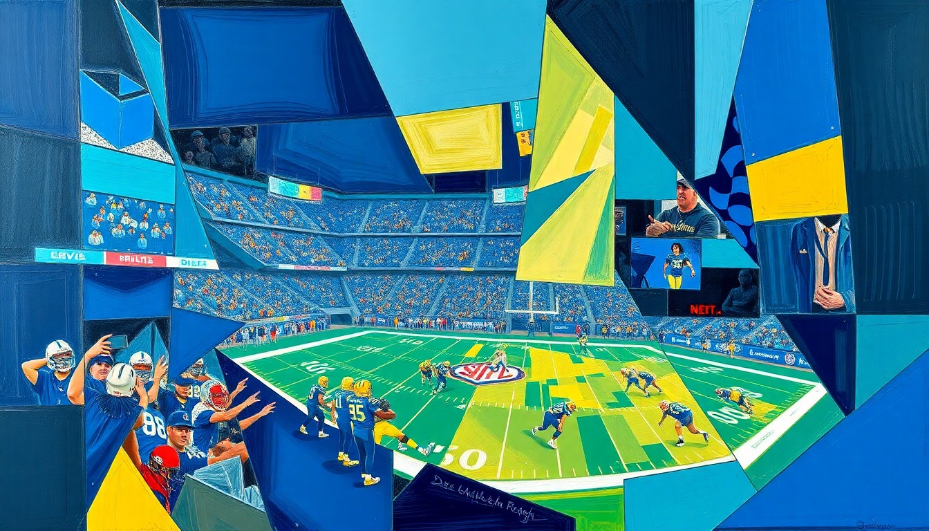 A cubist, geometric painting depicting fragmented football players, draft picks, and team logos in a chaotic, overlapping composition using bold navy, teal, and gold colors.