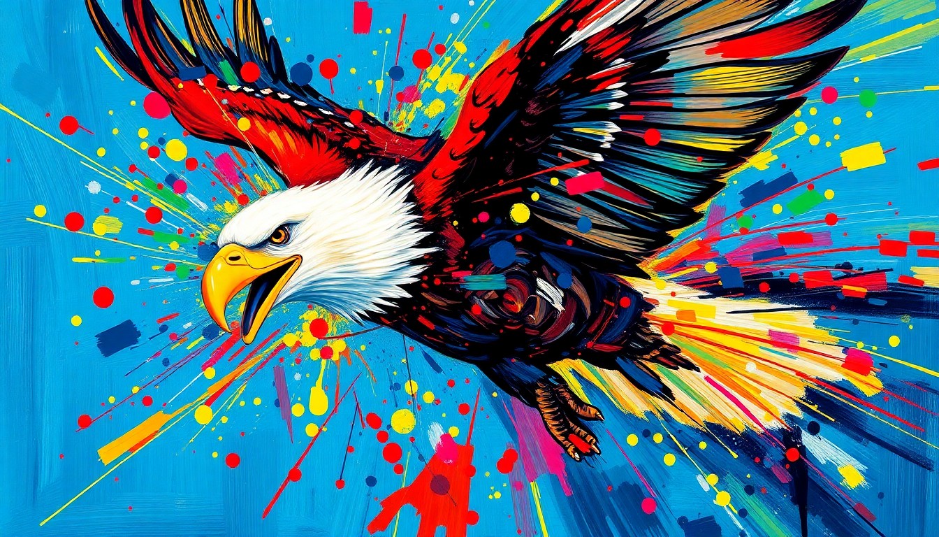 A highly textured, energetic painting in neon colors depicting the silhouette of a bald eagle in flight, with the bird's features and surroundings dissolving into abstract brushstrokes, conveying the urgency and emotion of the eaglet's rescue.