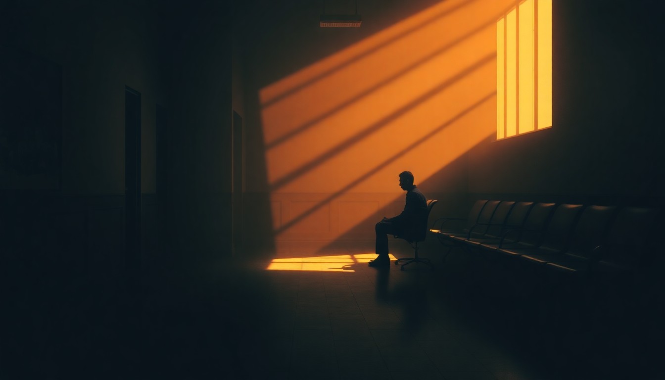 A cinematic painting depicting a solitary asylum seeker sitting alone in a dimly lit waiting room, with warm sunlight and deep shadows creating a pensive, melancholic mood.