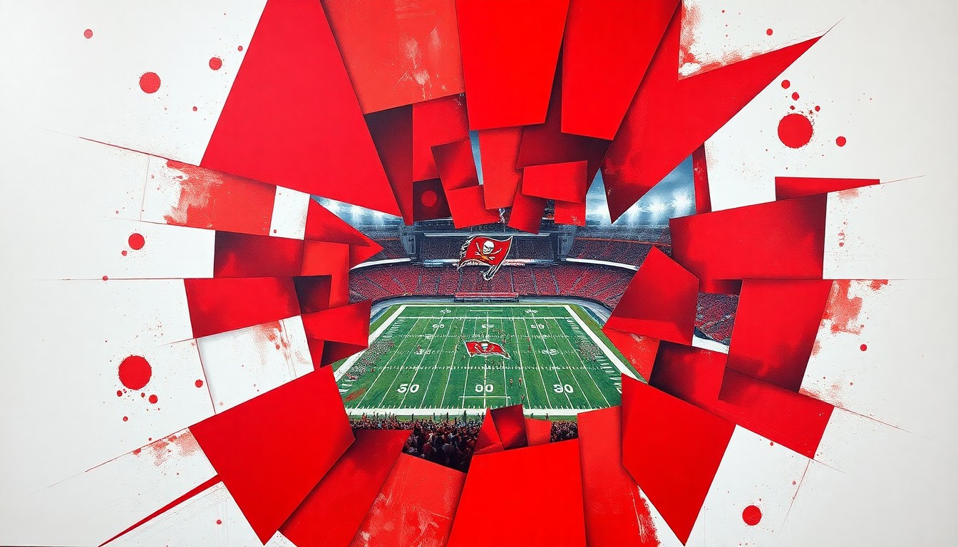 A fragmented, geometric painting in the Cubist style, using the Buccaneers' team colors to depict the overlapping planes and perspectives of a football game, representing the multifaceted process of rebuilding an NFL franchise through the draft.