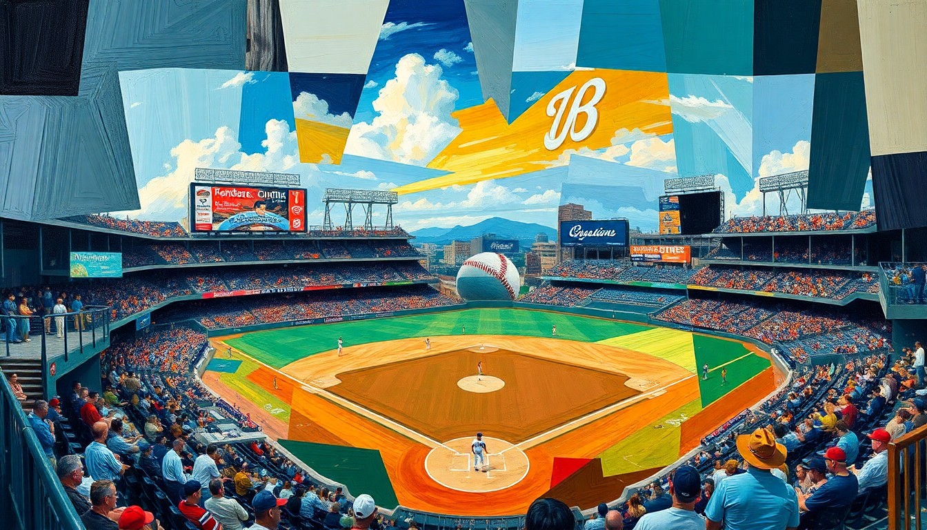 A cubist-style painting featuring overlapping geometric shapes and planes in shades of blue, green, and orange, conceptually representing the action and intensity of a baseball game.
