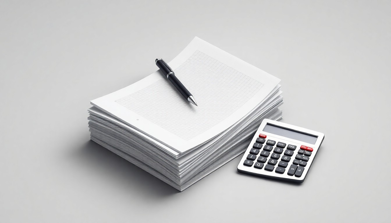 A high-end, photorealistic studio still-life photograph featuring a stack of accounting ledgers, a pen, and a calculator arranged elegantly on a clean, monochromatic seamless background, conceptually representing the abstract concepts of corporate strategy, finance, and data-driven decision making.
