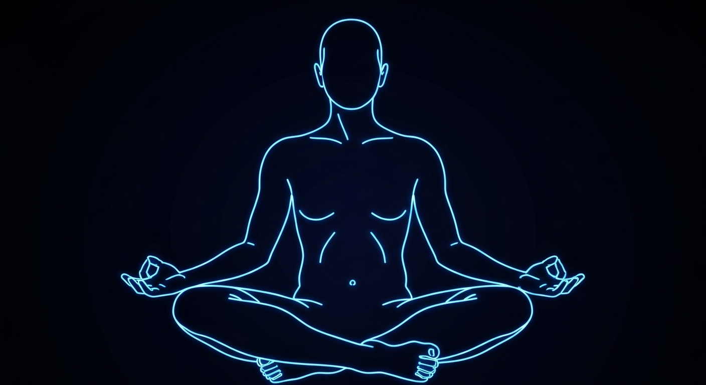 A minimalist design in the style of Keith Haring, with a glowing neon outline of a person sitting in a meditative pose against a dark background, conceptually representing the tranquility and focus of mindfulness practices.