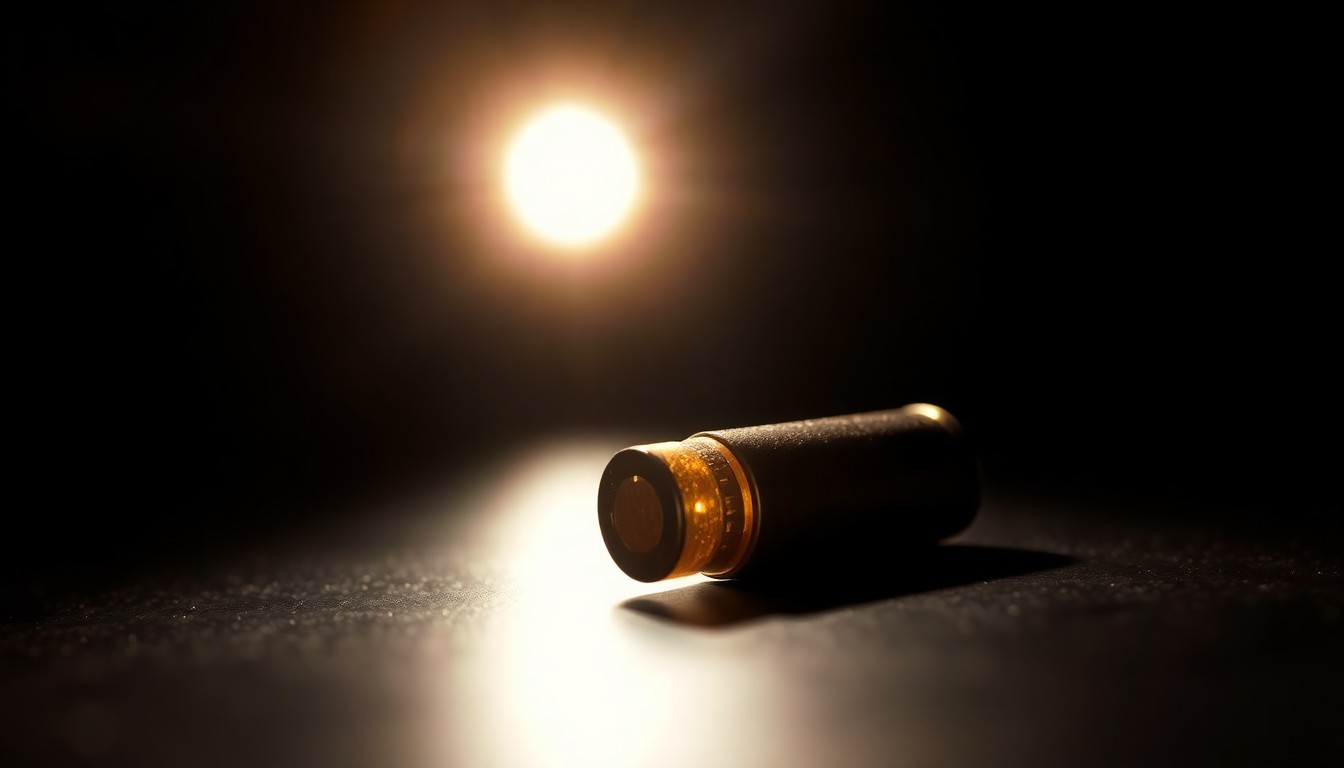 An extreme close-up photograph of a single spent bullet casing on a dark surface, lit by a harsh, direct camera flash, conceptually illustrating the forensic investigation of a targeted shooting incident.