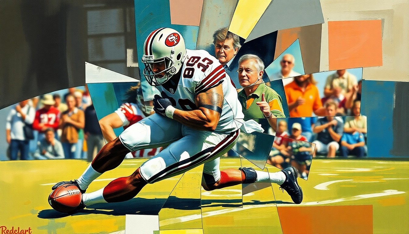 A fragmented, geometric painting depicting a football player in mid-tackle, their body and movements broken down into sharp, overlapping planes of color, conveying the raw energy and athleticism of the sport.