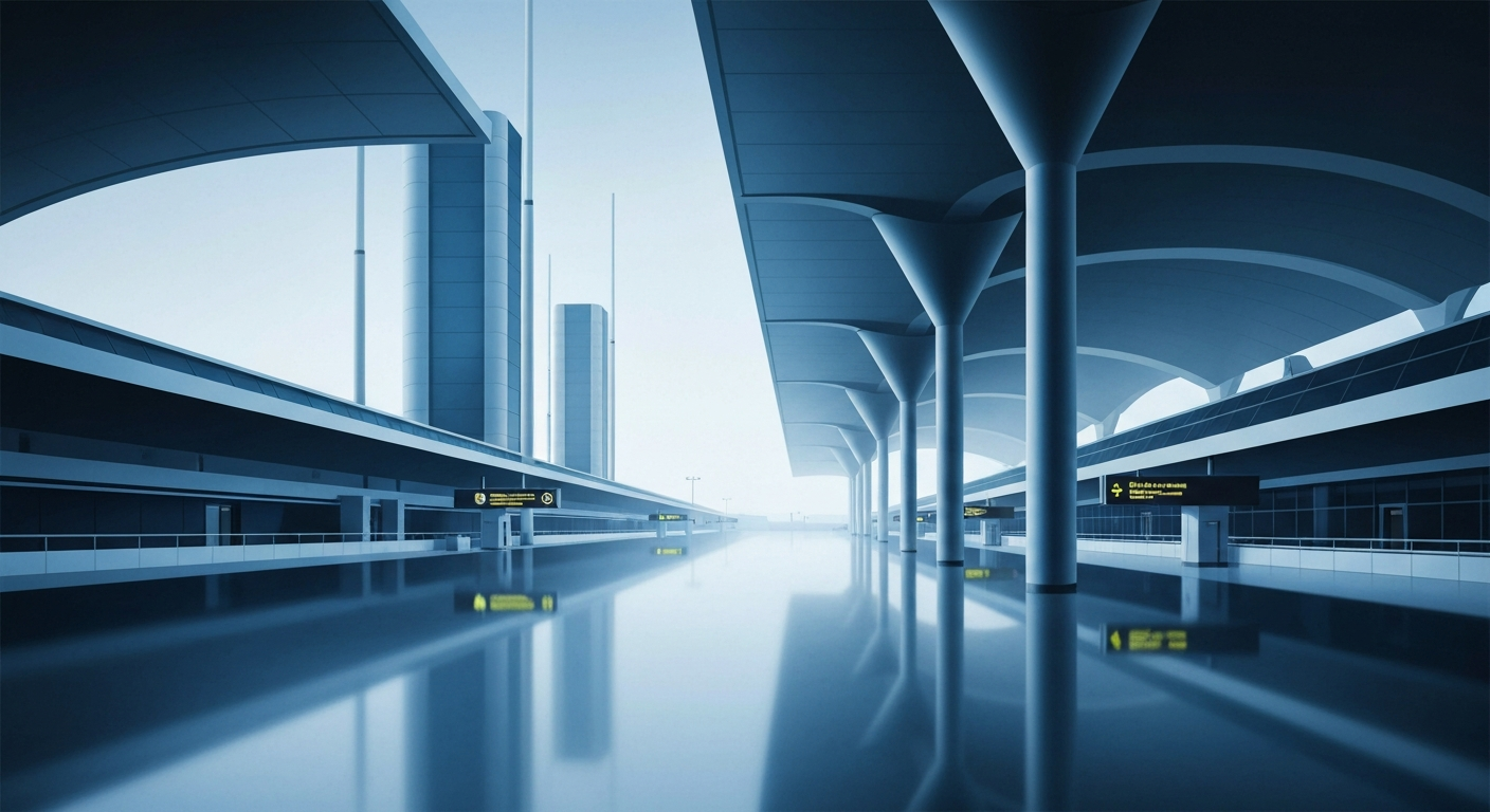 A highly stylized, geometric illustration featuring sweeping, airbrushed gradients in shades of blue and gray, depicting the towering, streamlined forms of an airport terminal, conceptually representing the disruption caused by low visibility conditions.