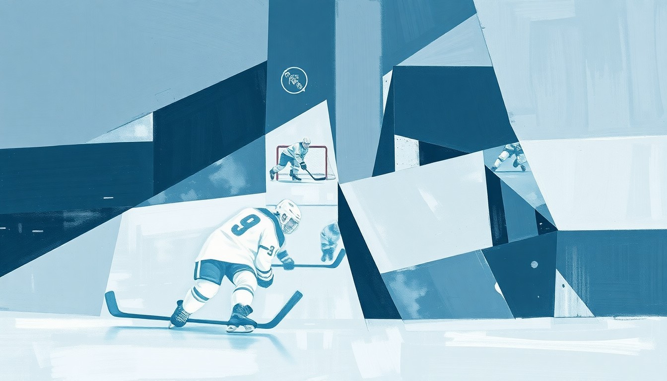 A cubist, geometric painting depicting a fragmented hockey scene, with overlapping planes of muted blue, grey, and white tones, conveying the sense of transition and change as a longtime broadcaster steps away from the team he has chronicled for decades.