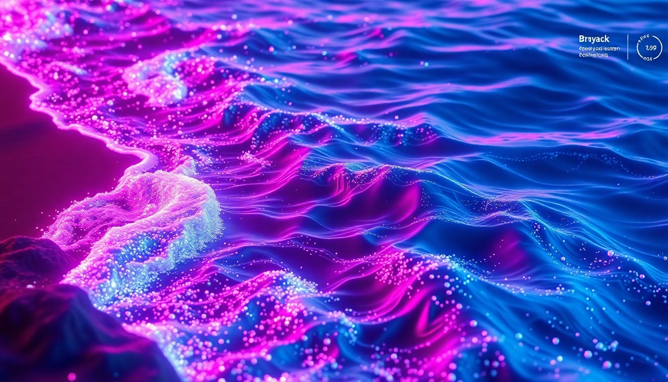 A highly detailed, glowing 3D illustration of a coastal shoreline with dynamic, particle-based water simulation. The waves and currents are illuminated by neon cyan and magenta lights, creating a sense of technological wonder and environmental immersion.