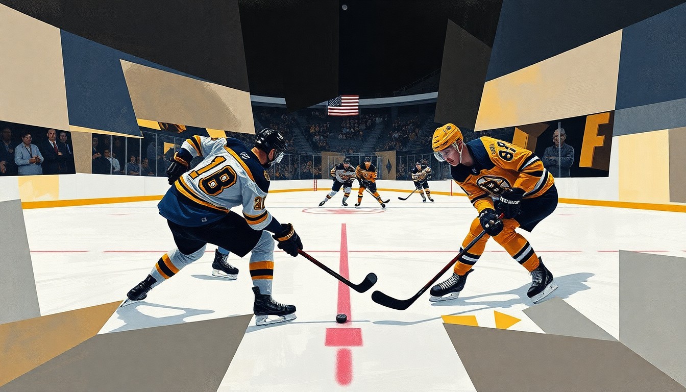 A fractured, cubist-style painting depicting a hockey game between the Boston Bruins and Buffalo Sabres, with the players' forms broken down into abstract geometric shapes and planes, conveying the intensity and physicality of the playoff matchup.