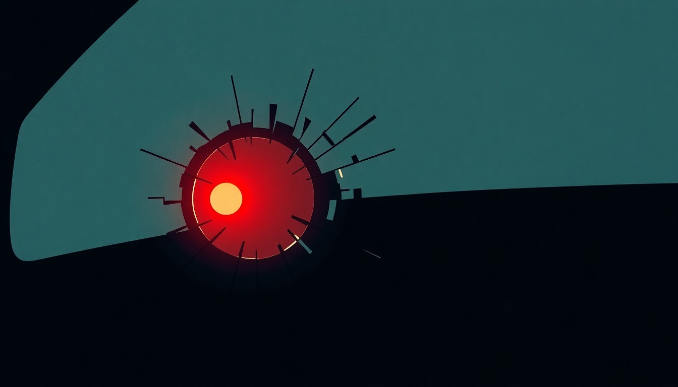 A heavily textured, sweeping oil paint brushstrokes in shades of grey, red, and black, conceptually illustrating the vandalism of self-driving car sensors.