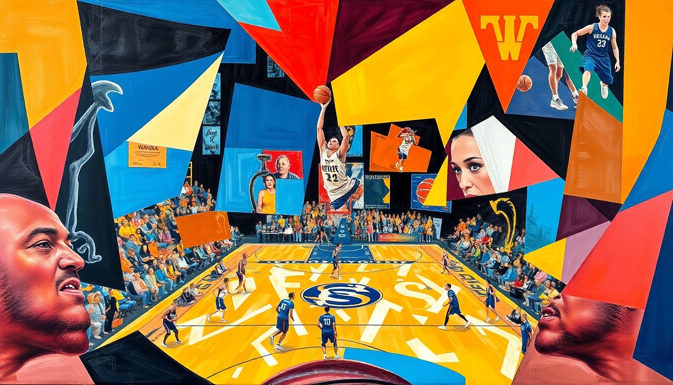 A fragmented, geometric painting in bold colors depicting the action and movement of a WNBA basketball game, with the players and court deconstructed into sharp, overlapping planes.