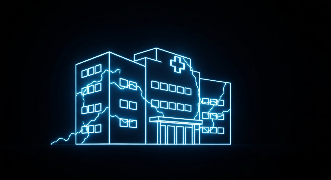 A glowing neon outline of a hospital building, with pulsing lines of electricity flowing through the structure, conceptually illustrating the vulnerability of the healthcare system to federal funding cuts.
