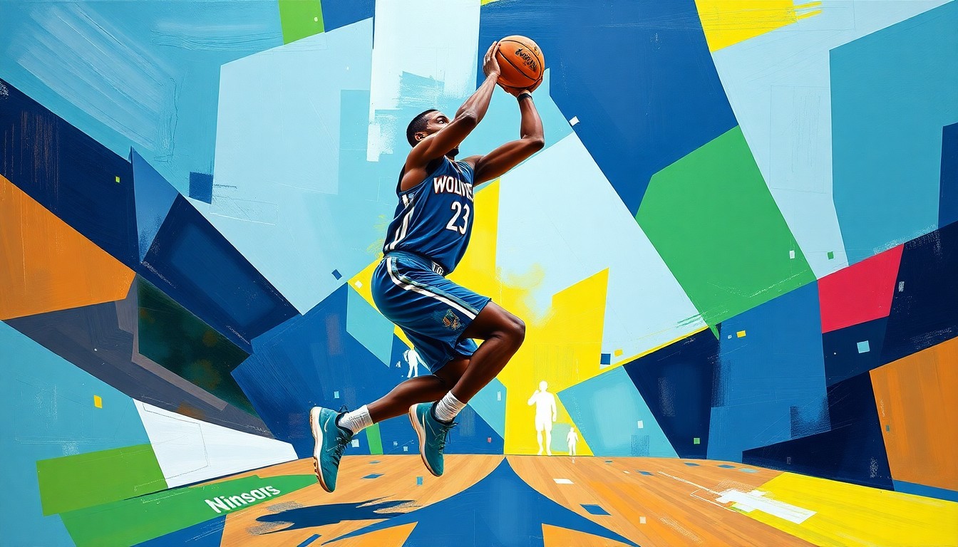 A fractured, geometric painting depicting Jaden McDaniels' basketball movements and skills, with vibrant colors representing the Minnesota Timberwolves' team palette.