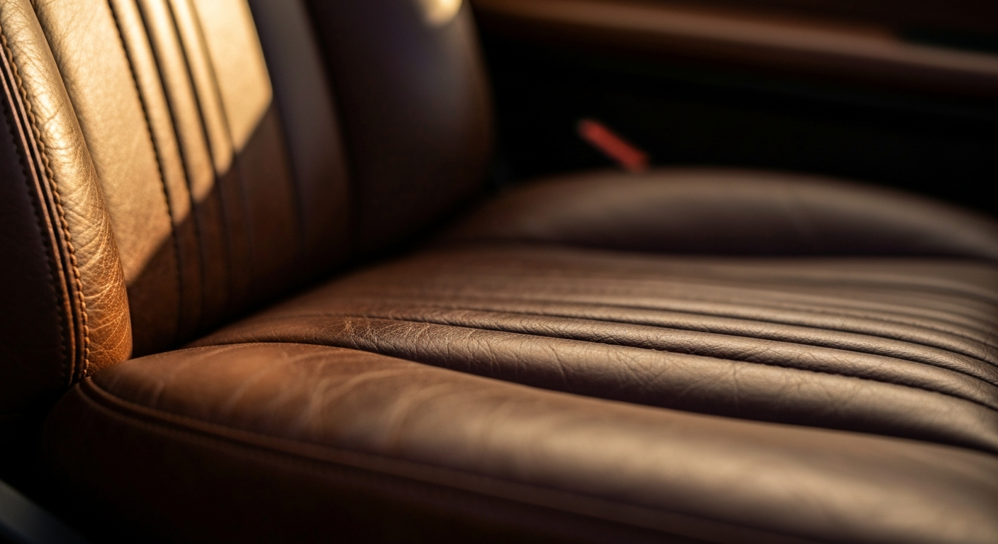 An extreme close-up of the textured leather of a Dodger Stadium seat, capturing the rich, pebbled details in dramatic lighting to conceptually represent the diverse offerings available to fans beyond the game itself.