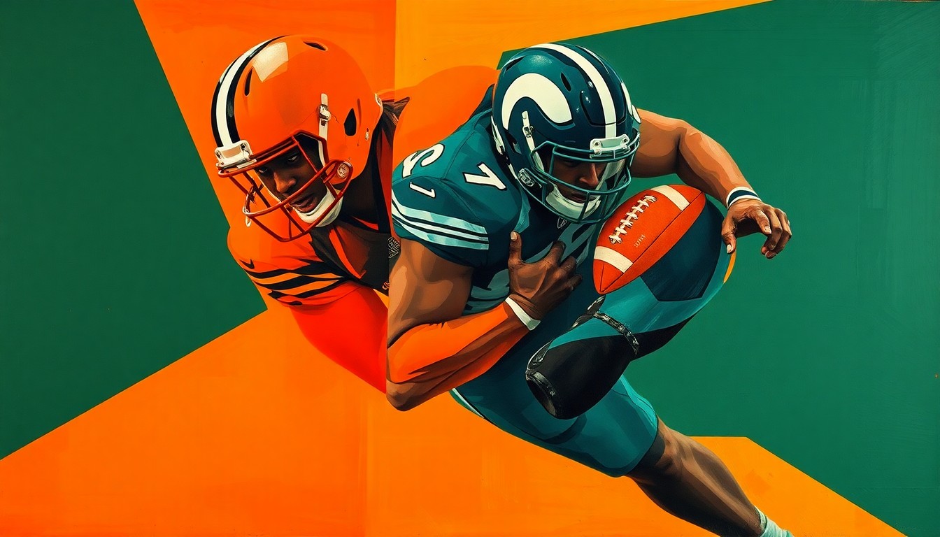 A fragmented, cubist-style painting depicting a defensive lineman making a tackle, with sharp geometric shapes in deep orange, forest green, and steel blue overlapping to create a dynamic, multi-angled visual representation of the play.