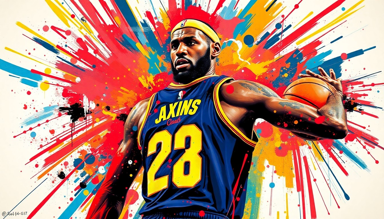 A dynamic, colorful painting featuring abstract, energetic brushstrokes that capture the essence of LeBron James' basketball skills and athleticism, without any identifiable features or text.