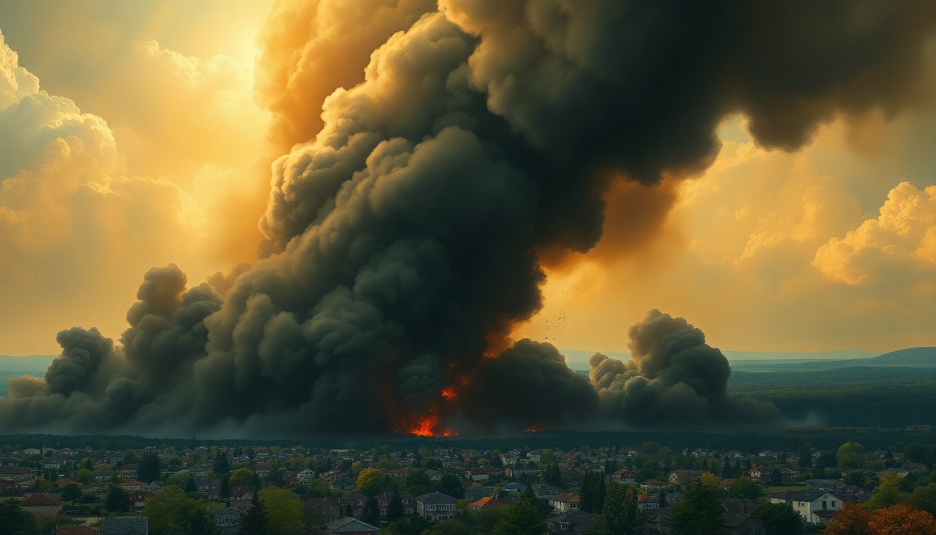 A dramatic landscape painting depicting a massive, swirling cloud of dark smoke billowing over a residential neighborhood, dwarfing the small houses and trees below and conveying the overwhelming power of the plane crash and resulting fire.