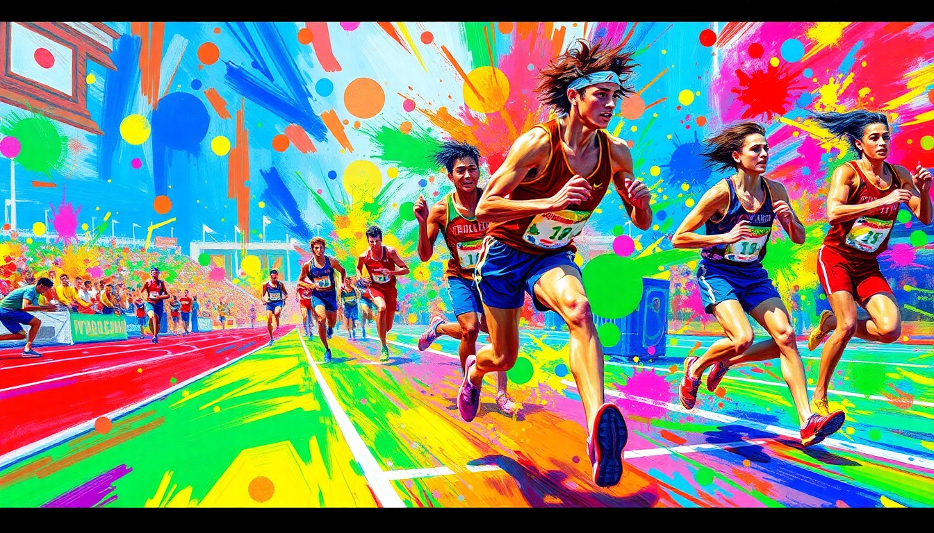 An abstract painting with vibrant, energetic brushstrokes in neon colors, conveying the dynamic motion and excitement of a high school track and field competition.