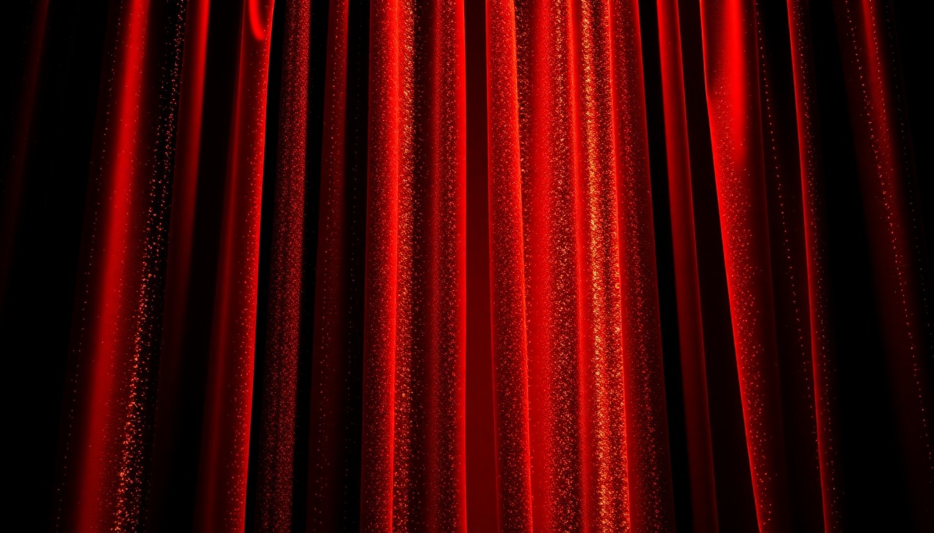 An extreme close-up of richly textured, glittering theater curtains in deep crimson and gold, capturing the luxurious and dramatic essence of the stage.
