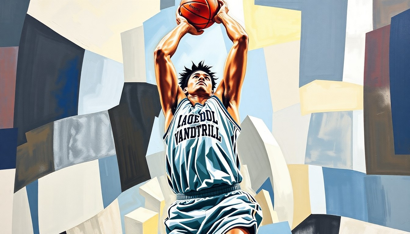 A fractured, multi-perspective painting depicting a basketball player's jump shot broken down into sharp, overlapping geometric planes in vibrant colors, representing the dynamic addition of Bangot Dak to Vanderbilt's roster.