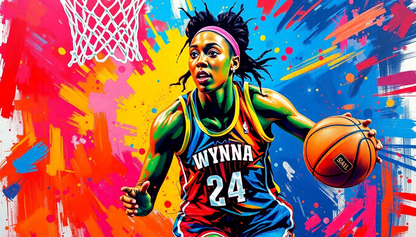 A vibrant, expressionist painting in neon colors depicts the raw energy and movement of a WNBA player driving to the hoop, with their face and jersey details dissolving into unrecognizable brushstrokes.