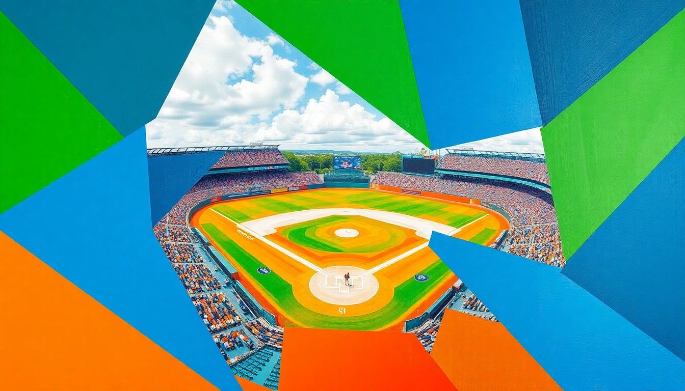 A vibrant, cubist-style painting depicting the dynamic action of a college baseball game, with sharp geometric shapes and planes of color representing the players, field, and crowd.