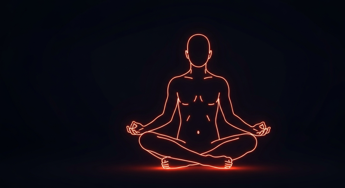 A minimalist neon outline of a human figure in a meditative pose, glowing against a dark background and representing the mental health focus of the story.