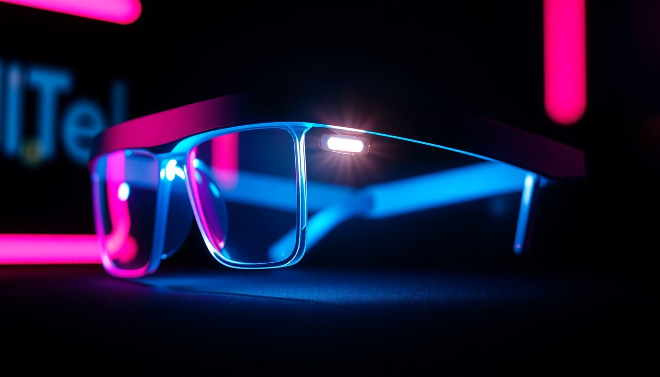 A close-up, highly detailed 3D illustration of a pair of smart glasses with a camera lens and LED light, glowing with neon cyan and magenta lights. The glasses are the central focus, representing the physical technology that is enabling digital surveillance and raising privacy concerns.