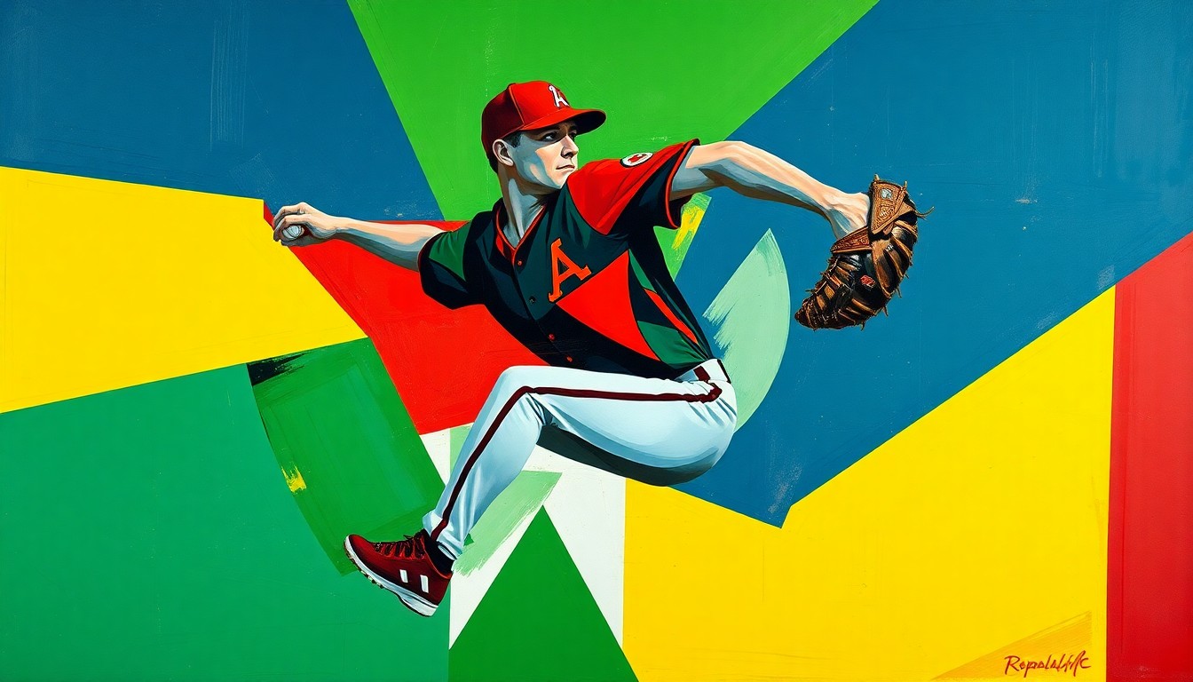 A fragmented, geometric painting depicting the motion of a baseball pitcher, with sharp planes of navy, green, and red overlapping to create a dynamic, abstract representation of the sport.