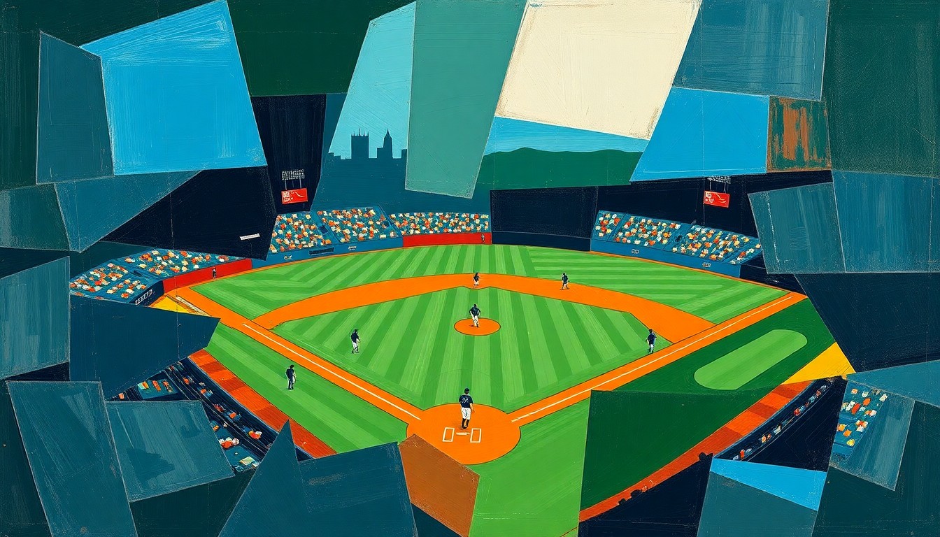 A cubist-style painting depicting a fragmented baseball diamond and players, with sharp geometric shapes in shades of navy, green, and orange, conveying the dynamic nature of the Astros' roster changes.