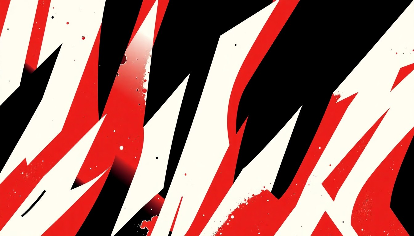 A dynamic, abstract composition of bold, geometric shapes in red, white, and black, conveying the patriotic energy and musical legacy of the Salado Community Chorus' concert.