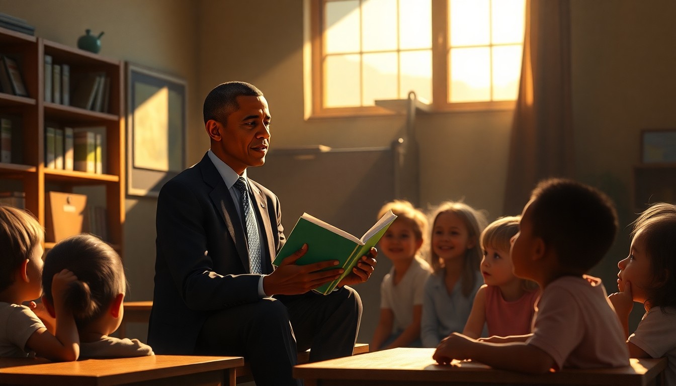 A cinematic painting of a warm, sunlit classroom with Barack Obama and Sadiq Mamdani sitting on the floor reading and singing with a group of young children, conveying a sense of political cooperation and community engagement.