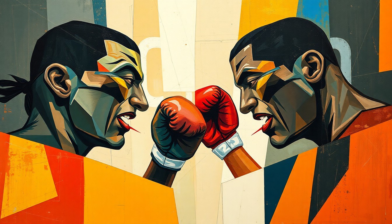 A cubist-style painting featuring fragmented, overlapping geometric shapes in a variety of boxing-related colors, conceptually representing the tactical and physical elements of a heavyweight boxing match.