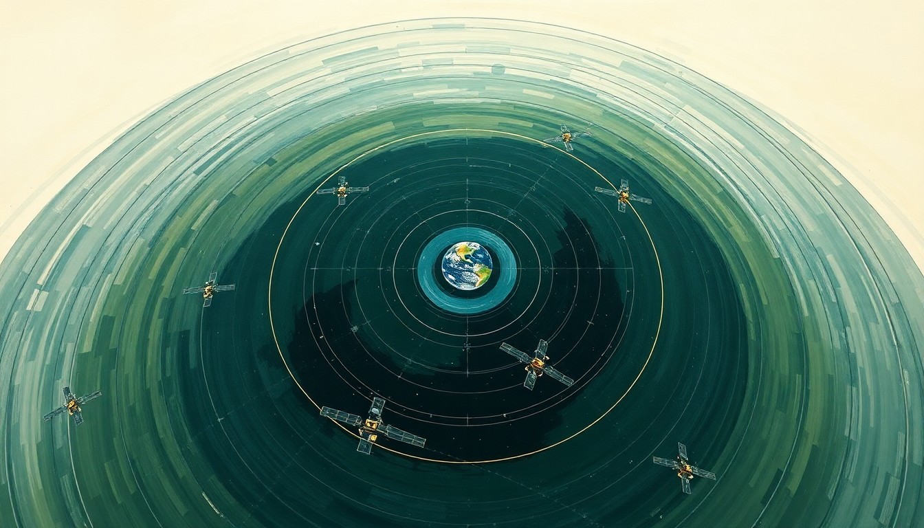 A highly structured abstract painting in muted tones of green, blue, and gray, depicting a complex network of interlocking geometric shapes and waveforms representing the global system of navigation satellites orbiting the Earth.